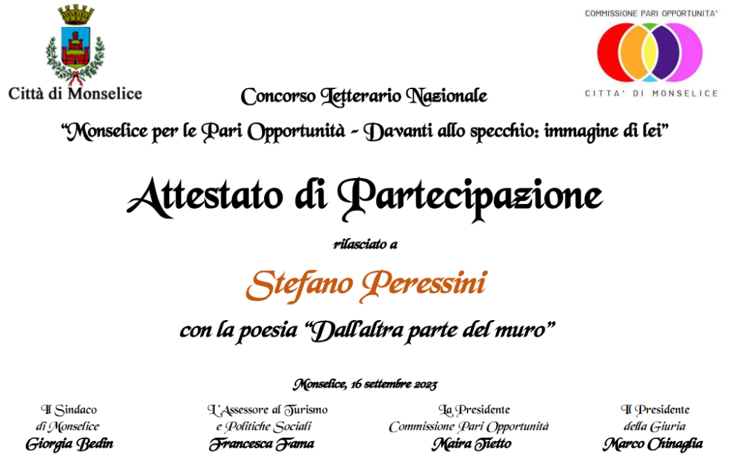 Stefano Peressini, pergamena per il nono posto nella Sezione Poesia del Concorso Letterario Nazionale di Monselice 2023